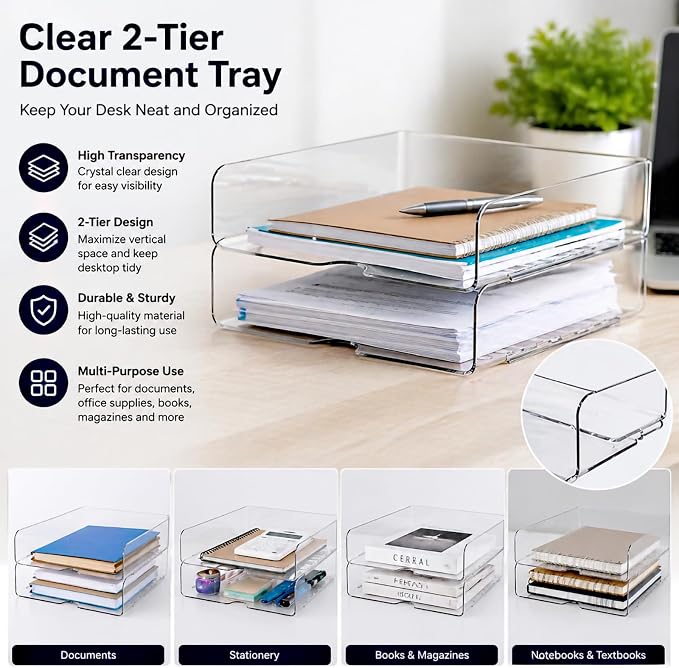 DCA 2 Tier Desk Organizer, Clear Paper Tray File Organizer | Stackable Letter Tray | Office, Home & School | Large Capacity - Image 6