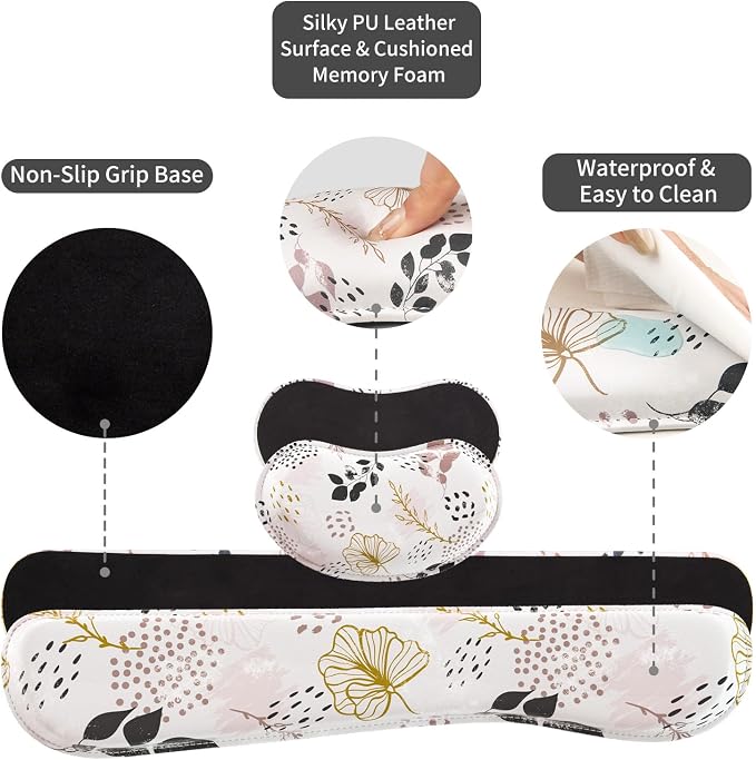 QIYI PU Leather Desk Mat Set, 4-in-1 Ergonomic Wrist Rest, Botanical Leaf | Waterproof Large Mouse Pad 31.5×15.7 + Keyboard Wrist Rest + Mouse Wrist Support+Coaster, Non-Slip Office Gaming Accessories - Image 6