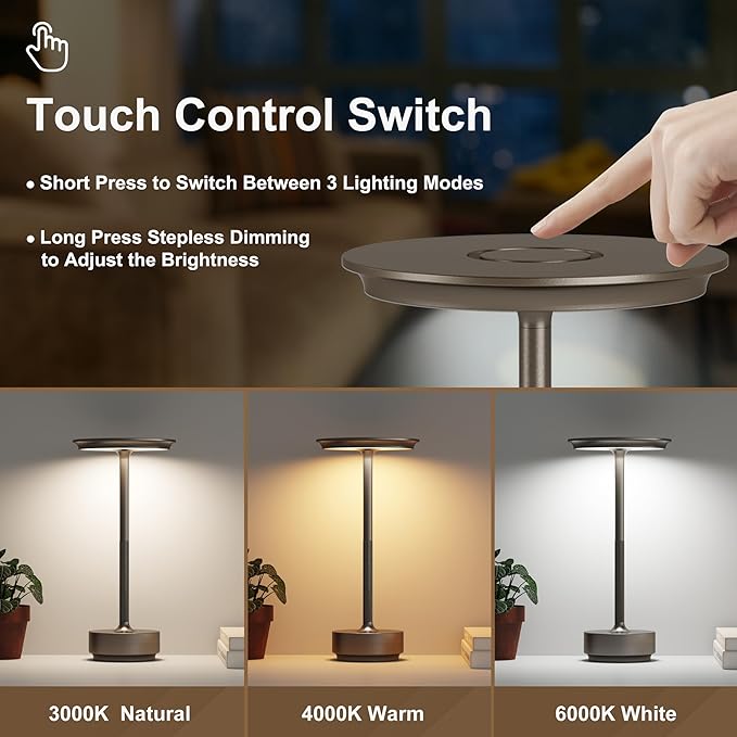 1 Pack Cordless Table Lamps Rechargeable, 5000mAh LED Table Light | Portable 3 Color Stepless Dimming Battery Powered Table Lamp with Memory Function for Restaurant/Home/Outdoor.(Cafe) - Image 2