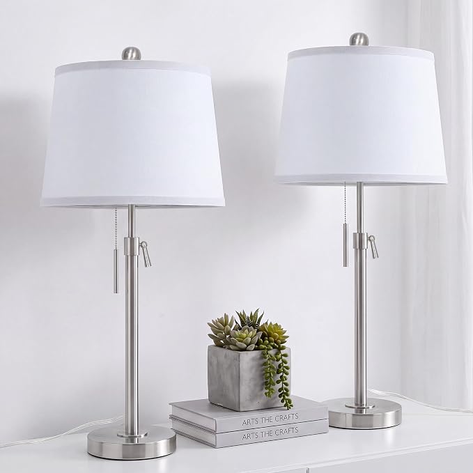 Brushed Nickel Modern Table Lamps Set of 2 Adjustable Height 22" to 30" Silver Nightstand with White Linen Shade 3 Brightness Way Pull Chain Switch Bedside Lamps for Living Room Office(Bulbs Included) - Image 2