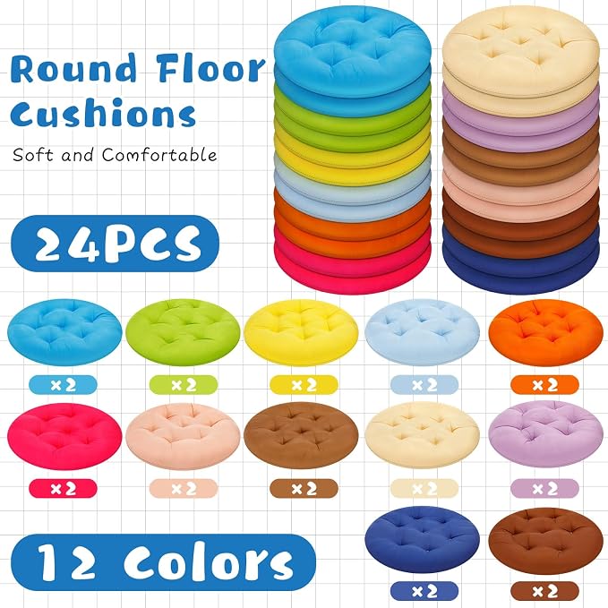 Tinideya 24 Pcs Floor Cushions Classroom,Small 11.8 Inch,Colorful | Round Meditation Pillows for Adults Kids, Flexible Seating Nursery Living Room Yoga, Soft Padded Chair Cushion - Image 4