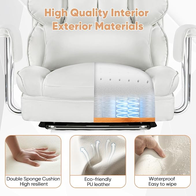 Sweetcrispy Executive Home Office Chair, Ergonomic Desk Chair | Big Tall High Back, Lumbar Support, Reclining Height Adjustable, PU Leather, Computer Gaming, Footrest Swivel Wheels, White - Image 7