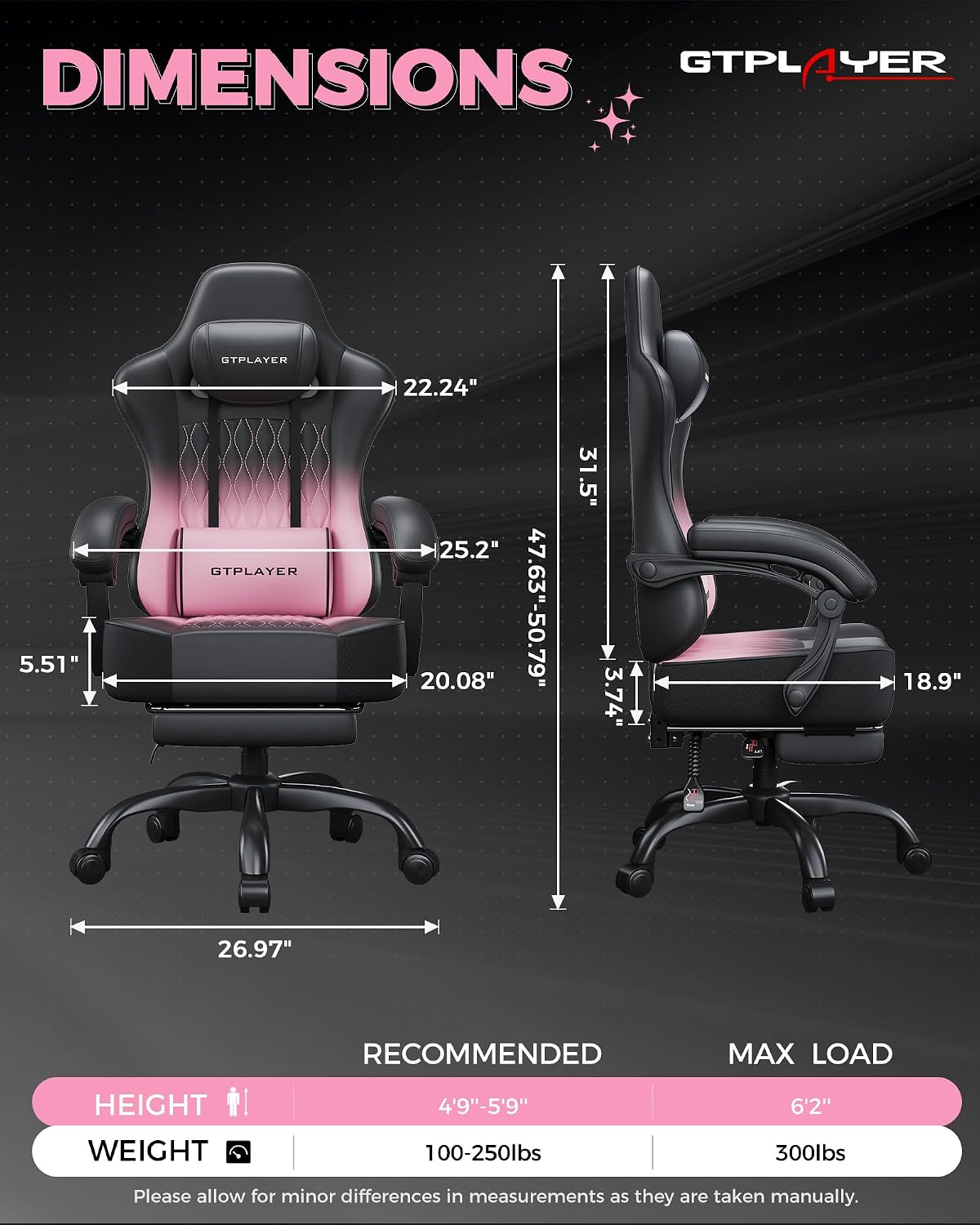 GTPLAYER Big and Tall Gaming Chair with Footrest, Ergonomic Office Desk Chair with 4.4in Thick Cushion and Wide Wingless Seat, Comfortable Leather Computer Chair, Predator Series, Pink Gradient - Image 2
