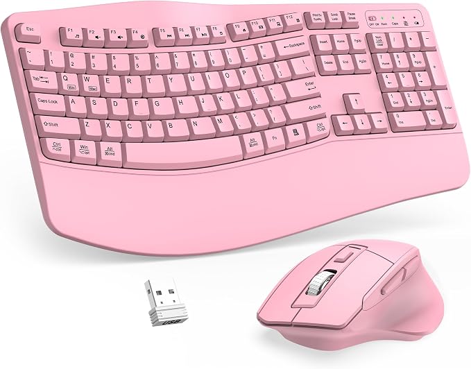 Wireless Keyboard and Mouse Combo, 2.4G Full Size Wave Keys Ergonomic Keyboard with Wrist Rest and 3-Level DPI Adjustable Wireless Ergonomic Mouse for Windows, Mac OS Desktop/Laptop/PC(Pink) by Unknown