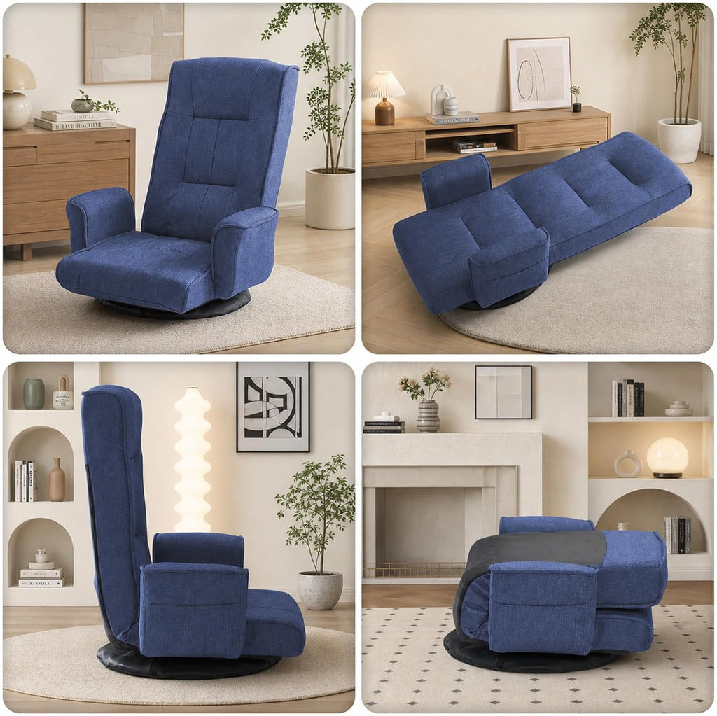 360° Swivel Floor Chair, Adjustable Reclining Floor Gaming Chair with Armrests, Linen Fabric Folding Lazy Sofa Chair, Multi-Position Floor Prayer Chair for Meditation Reading Napping, Blue - Image 7