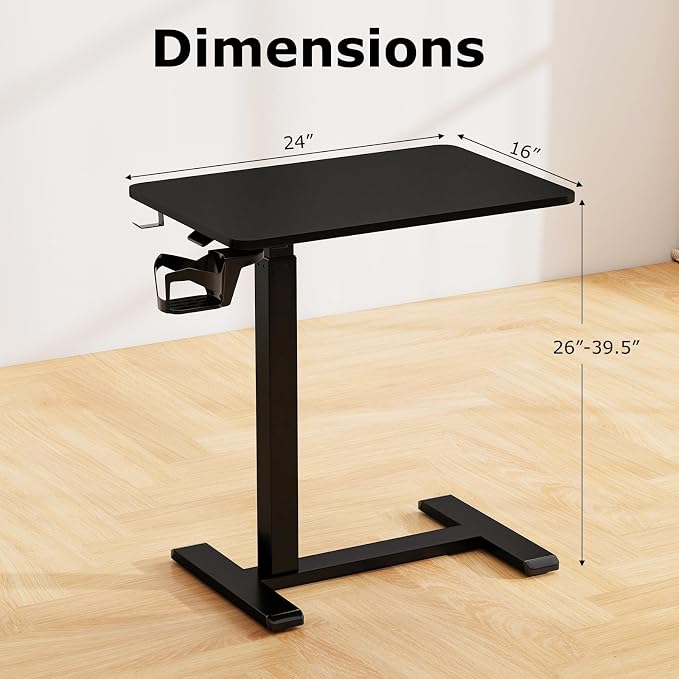Tangkula Mobile Standing Desk, Pneumatic Height Adjustable Rolling Desk with Cup Holder & Headphone Hook, Overbed Table with Hidden Wheels, Laptop Computer Cart for Couch, Home, Office (Black) - Image 3