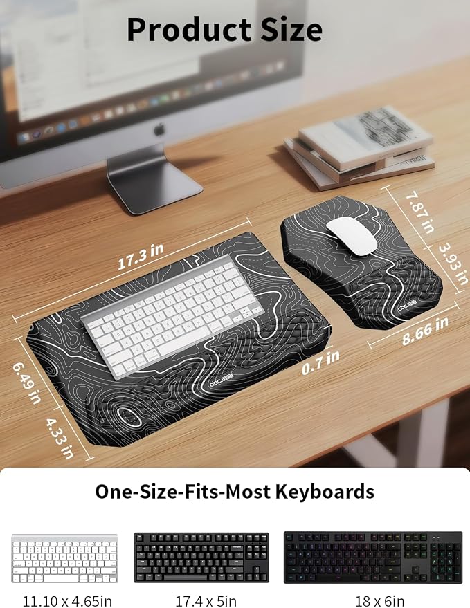 3-in-1 Ergonomic Keyboard Stand with Wrist Rest & Mouse Pad Set,Topographic | Comfy Keyboard Riser Holder Soft Mousepad with Massage Design, Memory Foam and Non-Slip PU Base for Pain Relief - Image 4