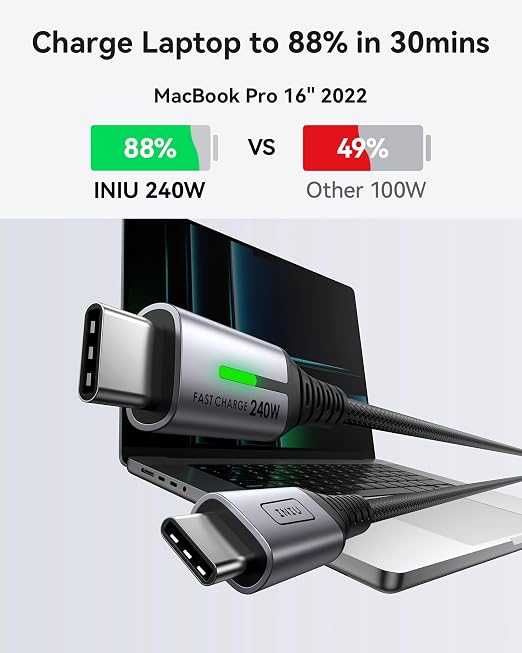 INIU 240W USB C to USB C Cable, [1ft+1ft] Fast Charging Type C Cord | Nylon Braided, Fast Charging, LED Indicator, USB-C Data Transfer, for iPhone 17 16 Pro, MacBook Pro, iPad, Samsung S26 etc - Image 3