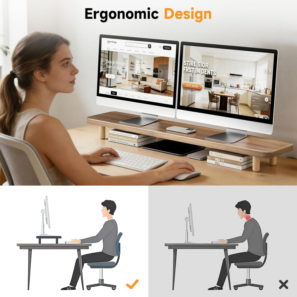 Dual Monitor Stand Riser, 39 Inch Extra Long Wooden Desktop Monitor Riser with Storage for 2 Monitors Ultra Strong Desk Shelf Organizer Riser Ergonomic for 2 Screens/Laptop/PC/TV/Printer -Light Walnut - Image 8