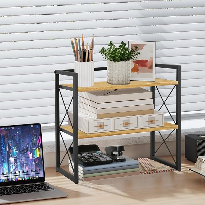 YINMIT Desktop Shelf Organizer, 2 Tier Office Shelves, Wood Desk Organizer Storage Rack and Freestanding Display Shelf for Office, Dormitory, Home (Black Wood) - Image 2