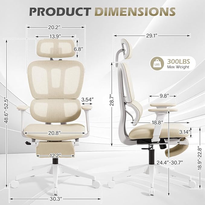 Ergonomic Office Chair with Footrest and Dynamic Lumbar Support, Cream | Reclining high-back computer chair, memory foam seat, 2D armrests, 2D headrest, mesh desk chair for home office, long hours - Image 3