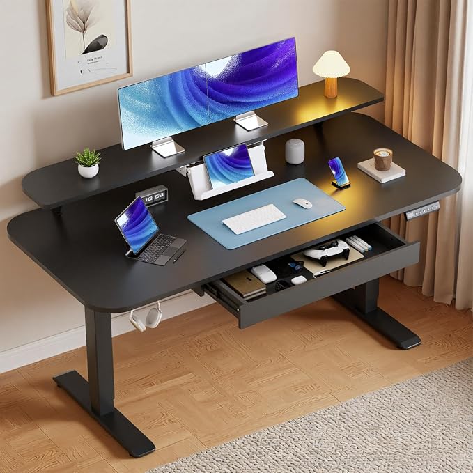 GTPLAYER Electric Standing Desk with Drawers, 55 x 24 Inches Height Adjustable Computer Desk with Monitor Stand, Laptop Stand, Home Office Sit Stand Up Desk with Memory Preset, Black by GTPLAYER
