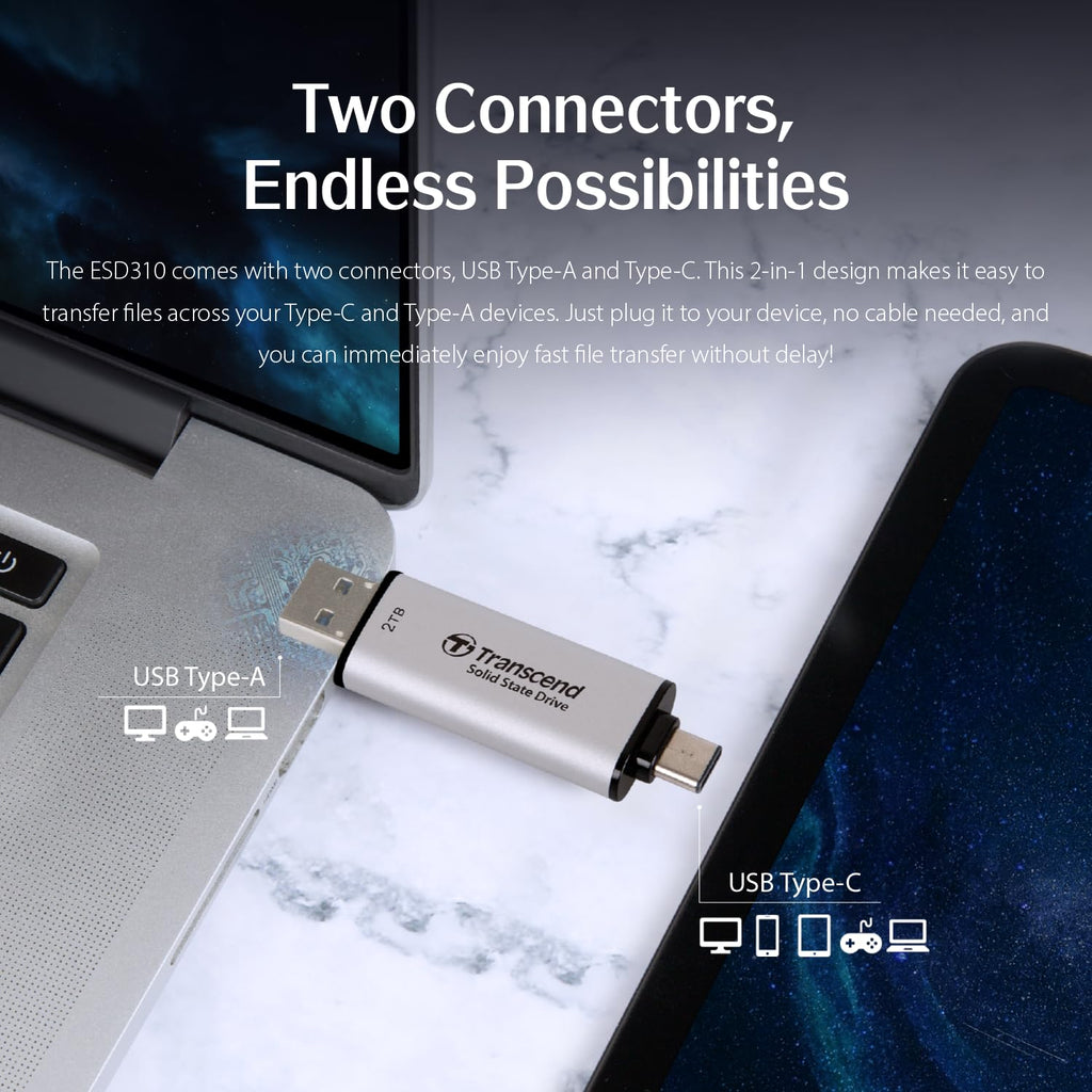 Transcend 2TB ESD310 Dual Portable SSD 1050MB/s USB-A+C, Thumb Drive - Image 2