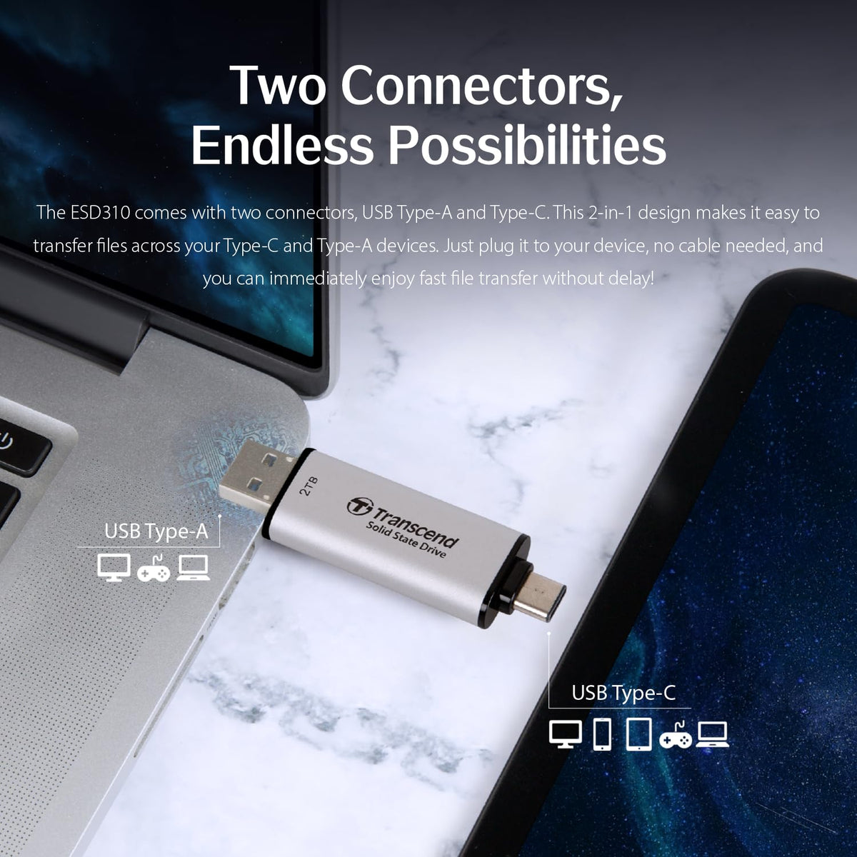 Transcend 2TB ESD310 Dual Portable SSD 1050MB/s USB-A+C, Thumb Drive - Image 2