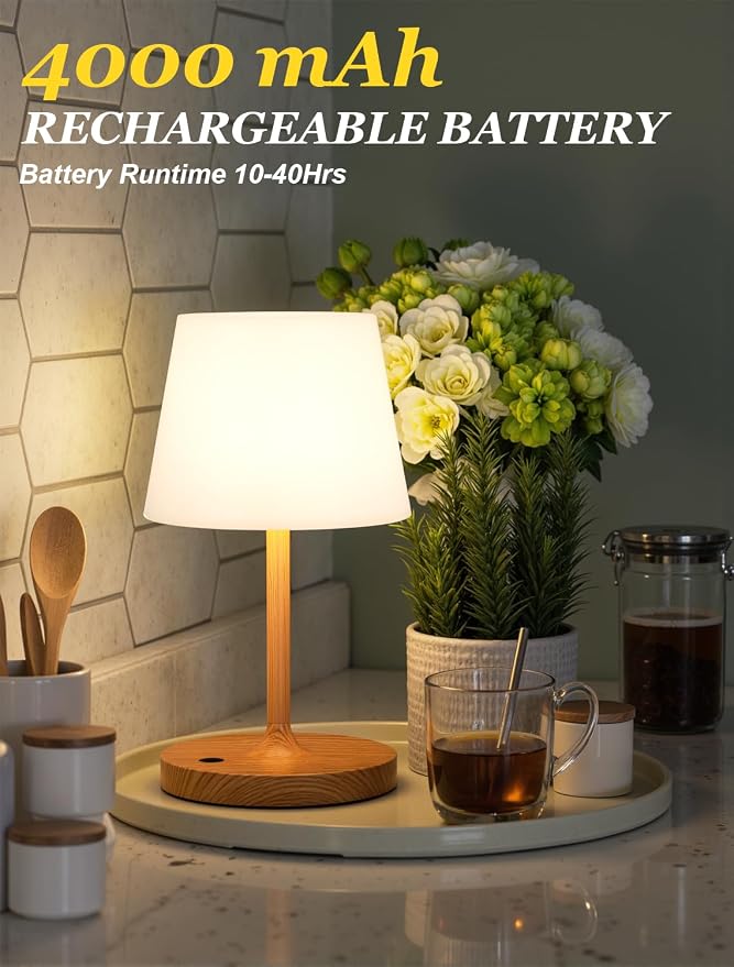 Shower Lamp IP54 Waterproof, Cordless Rechargeable Table Lamp, Outdoor Use | 4000mAh Battery Operated, Dimmable Touch Desk Light for Bathroom, Bathtub, Kitchen, Bedroom, Patio, Camping, Wood Grain 1Pack - Image 3
