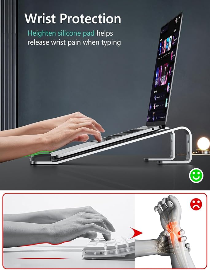 JCZT Aluminum Laptop Stand, Laptop Riser with Wrist Rest, Silver | Ergonomic Detachable Portable Laptop Stand for Desk, Notebook Holder Compatible with MacBook Air Pro, All 10-17'' Laptops - Image 2