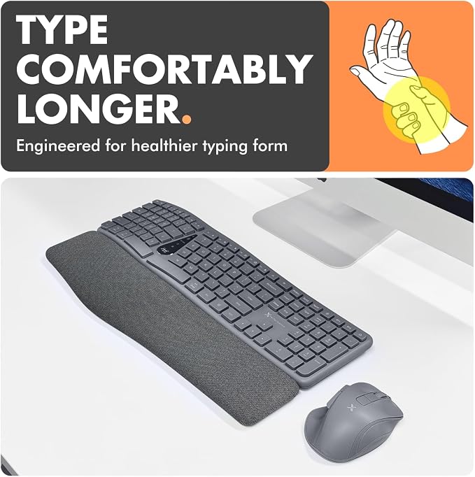 X9 Gray Ergonomic Keyboard and Mouse Wireless Combo - Split Keyboard and Mouse Set, Bluetooth/2.4G, Soft Wrist Rest, Rechargeable, Silent Keys, Multi-Device for Laptop, PC, Mac, iOS, Android - Image 2