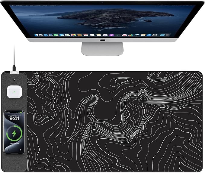 TopMade Mouse Pad with 15W Fast Wireless Charging, 31.5"x15.75" XXL Large Gaming Waterproof Desk Pad with Ultra-Smooth Surface, Non-Slip Base, Computer Desk Mat, Black Topographic Map #2 by TopmadeProduct-Ordernow