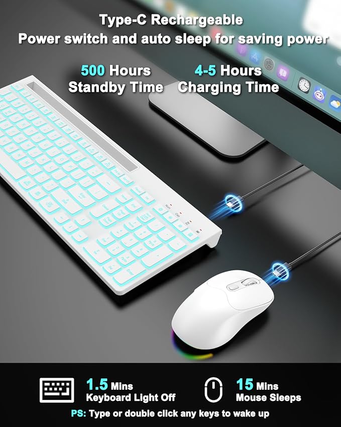 Wireless Keyboard and Mouse Combo, 7 Backlit Effects, Light Up Letters, Rechargeable, Phone Holder, 6 Button Mouse, Ergonomic Tilt Angle, 2.4GHz Silent USB Keyboard Mouse for Laptop, PC - Image 3