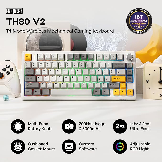 EPOMAKER TH80 V2 75% Wireless Mechanical Keyboard with Metal Knob, 8000mAh | 2.4Ghz/BT/USB-C, RGB, Hot Swap, Custom Driver, PBT Keycap, Wireless Gaming Keyboard for PC/Mac (White, Creamy Jade) - Image 2