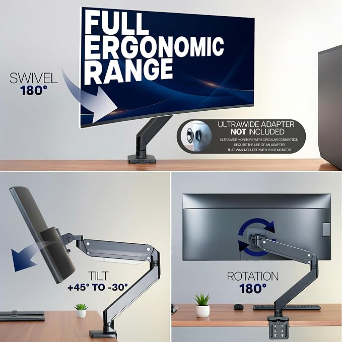 VIVO Premium Aluminum Heavy Duty Monitor Arm with 3.0 USB Ports, Fits Ultrawide Monitors up to 49 inches and 33 lbs, Single Desk Mount Stand, Pneumatic Height, Max VESA 100x100, Black, STAND-V101G1U - Image 7