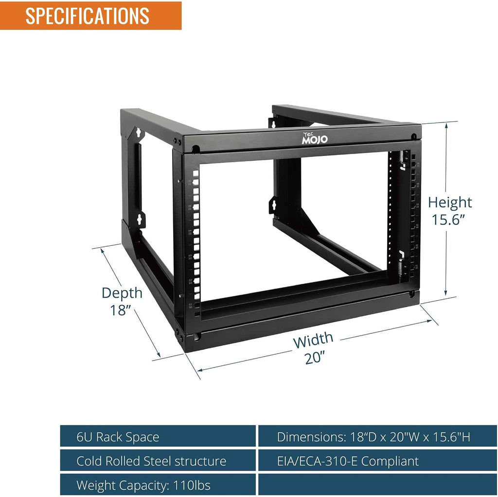 Tecmojo 6U Wall Mount Server Rack, Open Frame Network Rack for 19" Computer/AV/Data/IT/Media Equipment, 18" Depth, 16" Apart Mounting Holes, Swing Gate, Square and Tapped Holes - Image 2