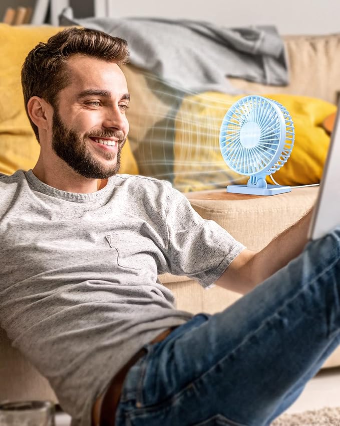 Gaiatop USB Desk Fan, Personal Portable Quiet Small Table Desktop fan | Powerful Mini 3 Speeds, Adjustable Head, for Cooling Home Office Car Summer Travel Gifts Light blue - Image 2