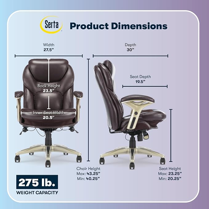 Serta Ergonomic Home Office Chair Pivot Lumbar Support, Leather Desk Chair | Claremont, Adjustable Arms, Height & Tilt, Foam Seat & Headrest Cushion, Home Gaming Chair lower Back Pain, Chestnut Brown - Image 3