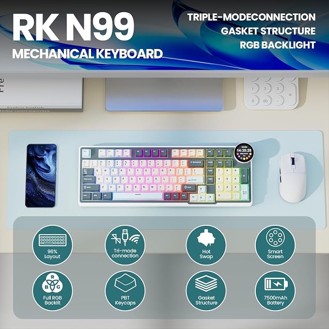 RK ROYAL KLUDGE N99 Wireless Mechanical Keyboard Full Size, Smart Display Screen & Knob, BT/2.4G/USB-C, 96% Hot Swappable Custom Keyboard, Pre-lubed Linear Switches, Gasket Mount, RGB Gaming Keyboard - Image 2