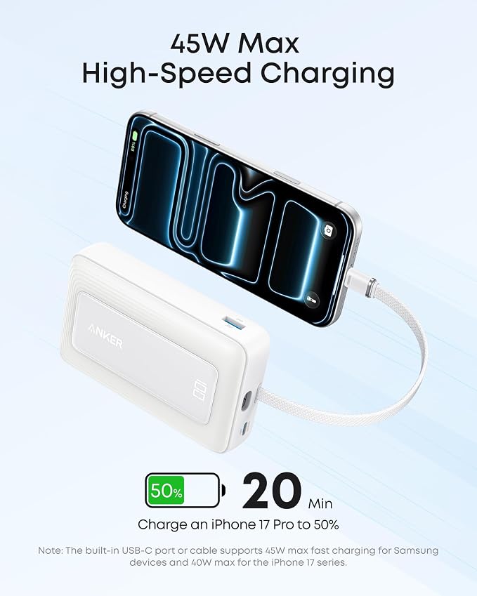 Anker Zolo Power Bank, 20,000mAh 45W Portable Charger with Built-in USB-C - Image 3