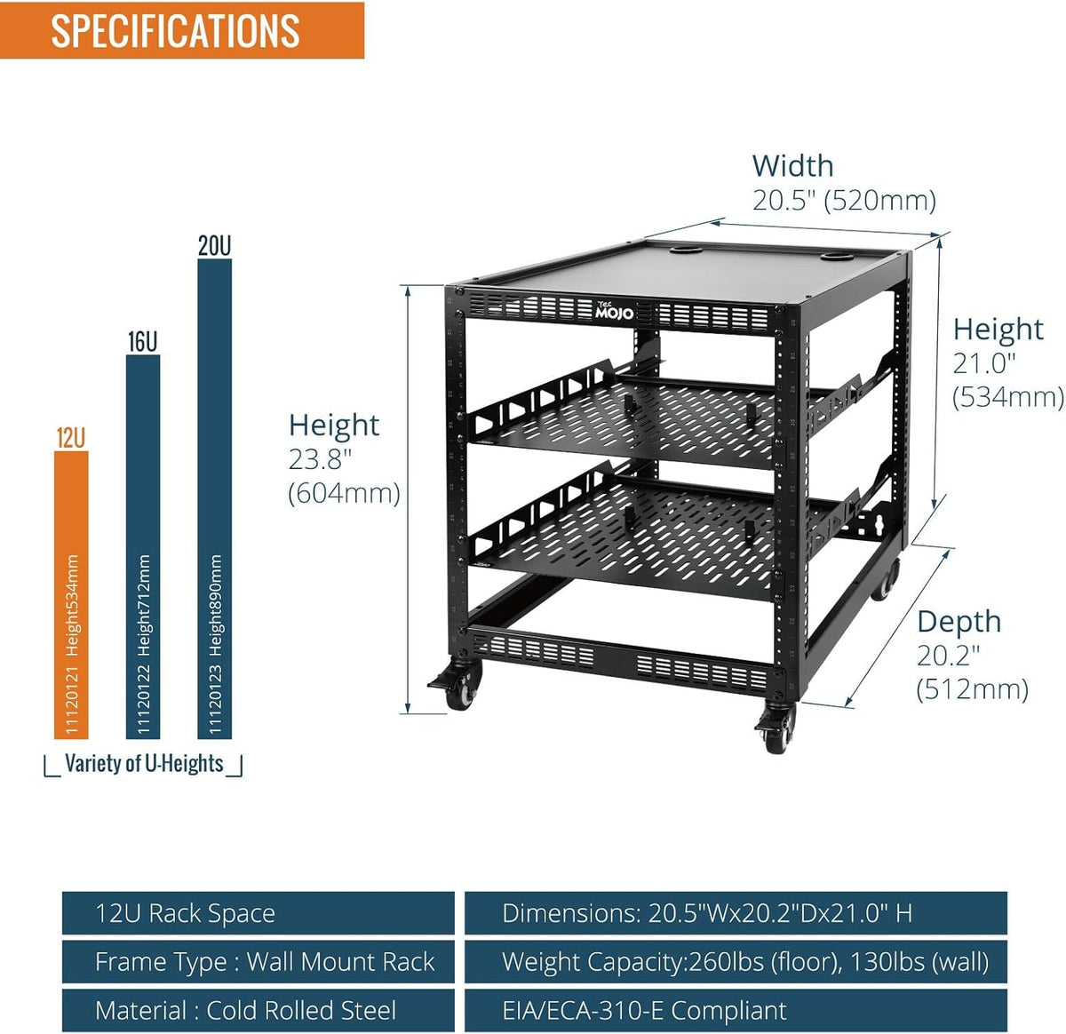 TECMOJO 12U Open Frame Network Rack for IT & AV Gear, 4-Post With Casters, Mobile With 2 PCS 1U Server Shelf & Mounting Hardware, for 19" Network, Audio and Video Device - Image 2