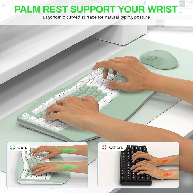 Wireless Keyboard and Mouse Combo,2.4G Ergonomic Wave Keys(Avocado Green-A) | Full Size Cordless Keyboard with Wrist Rest,3-Level DPI Ergonomic Mouse for Office and Home,Windows/Mac OS/Desktop/Laptop/PC - Image 3