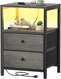 BOLUO Gray Nightstand with Charging Station, LED Night Stand with 2 Fabric Drawers, Bedside Table with USB Ports and Outlets, Nightstand for Bedroom Modern by BOLUO