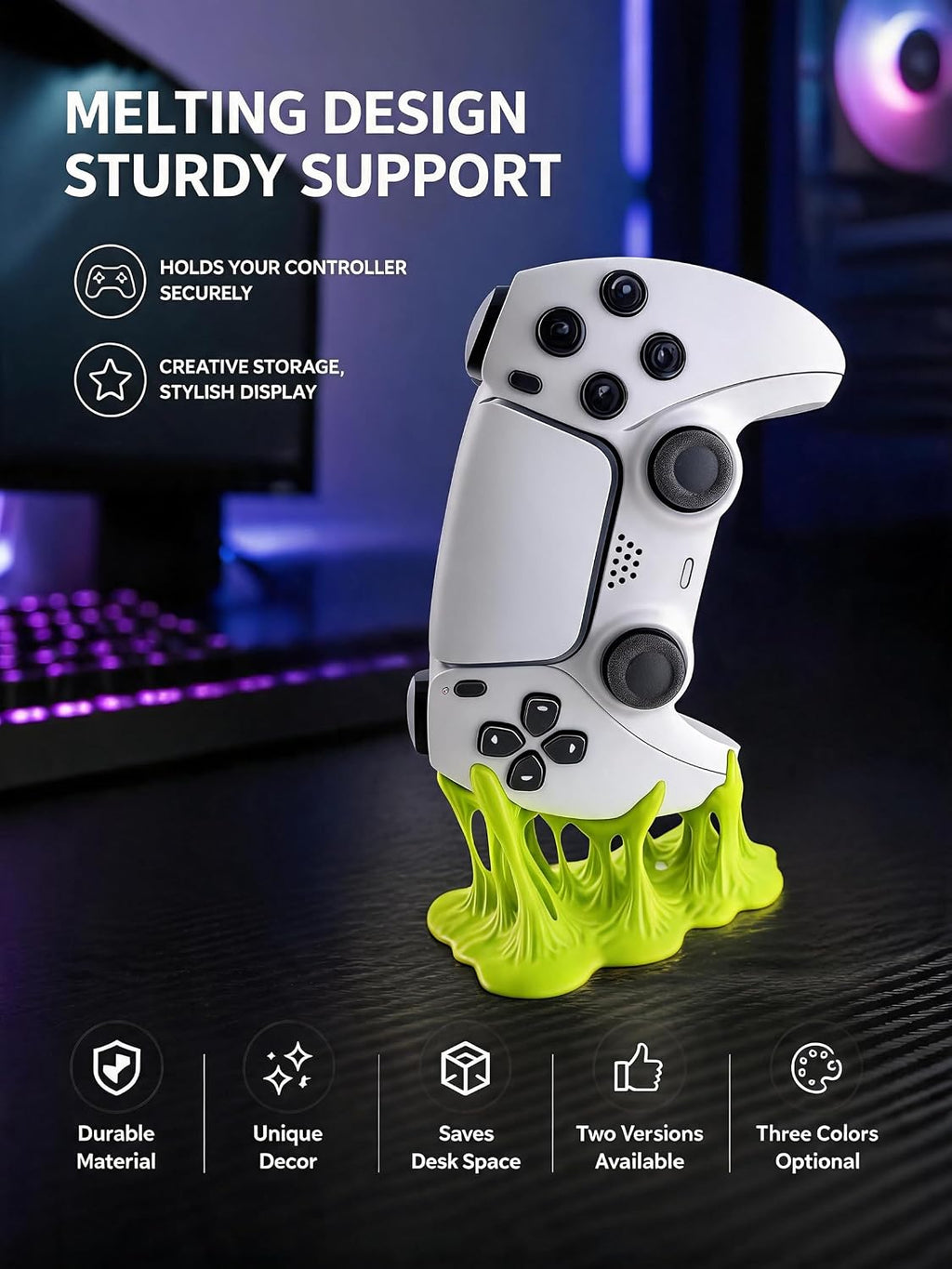 Melting Controller Holder Stand, Pink, Unique Gaming Desk Organizer compatible with Xbox and PS5 Controllers, Fun Decorative Display (Bright green, compatible with PS5 controller version) - Image 3