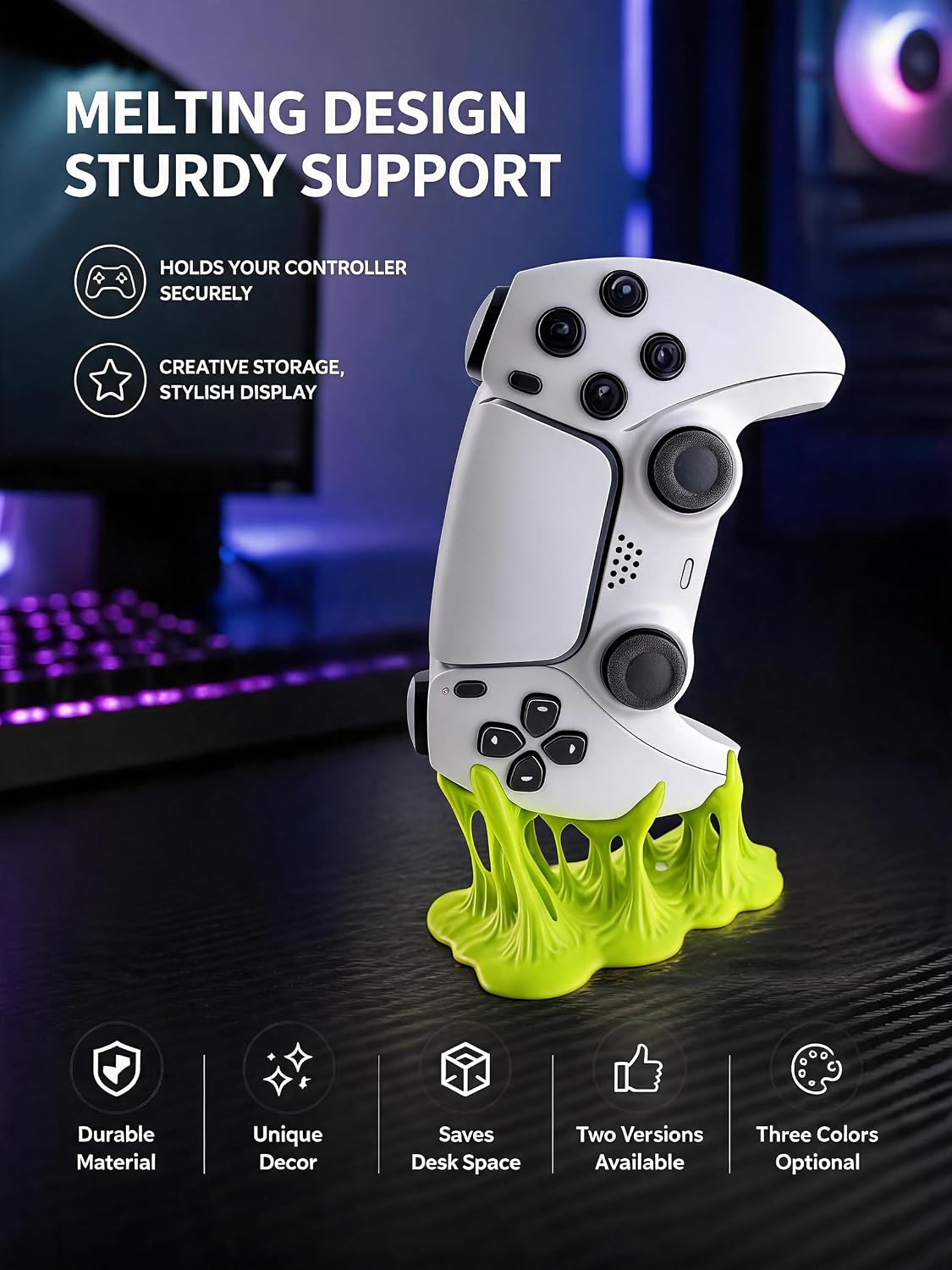 Melting Controller Holder Stand, Pink, Unique Gaming Desk Organizer compatible with Xbox and PS5 Controllers, Fun Decorative Display (Bright green, compatible with PS5 controller version) - Image 3