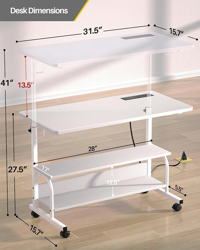 32" Rolling Standing Desk with Charging Station for Couch Bed | Height Adjust 27.5-41", 2 AC/3 USB, Mobile 4 Lockable Wheels, 2-tier Shelves Hook, Safe Corner Fast Assembly - Image 3