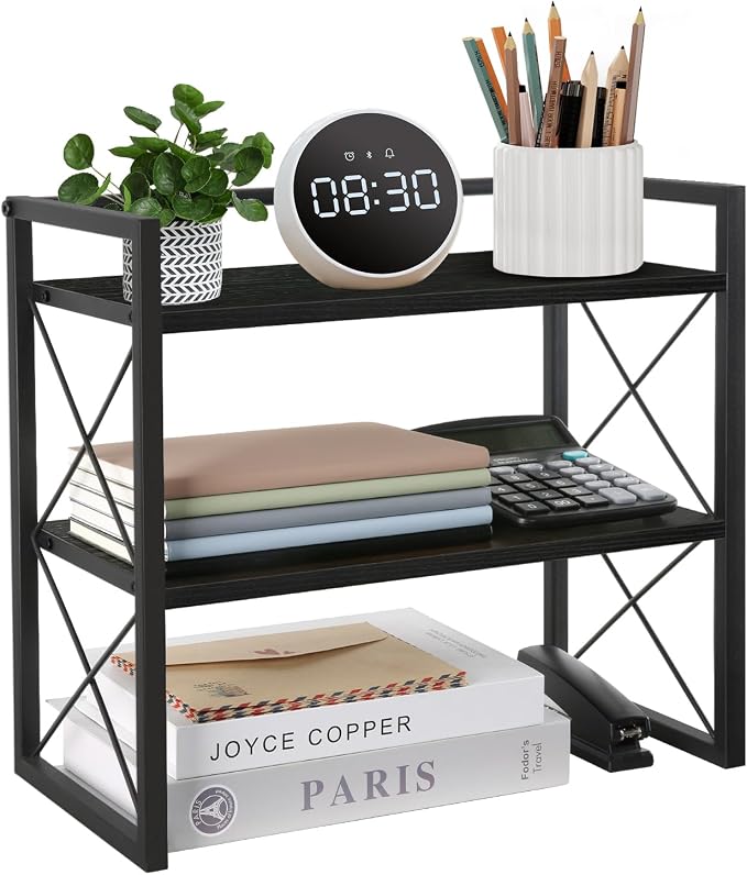 YINMIT Desktop Shelf Organizer, 2 Tier Office Shelves, Wood Desk Organizer Storage Rack and Freestanding Display Shelf for Office, Dormitory, Home(Black) by YINMIT