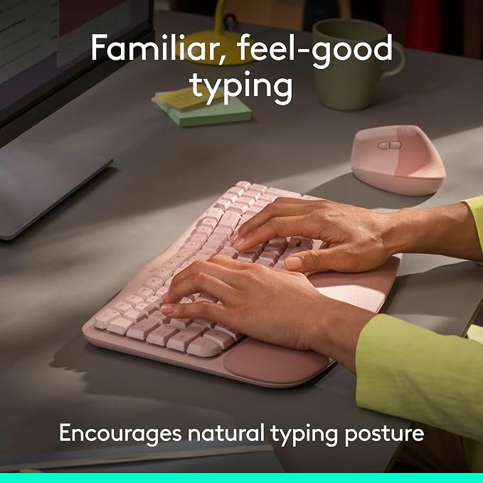 Logitech Wave Keys Wireless Ergonomic Keyboard - Rose | Cushioned palm rest, comfortable natural typing, Easy-Switch, Logi Bolt Receiver, Multi-OS, Windows/Mac - Image 3