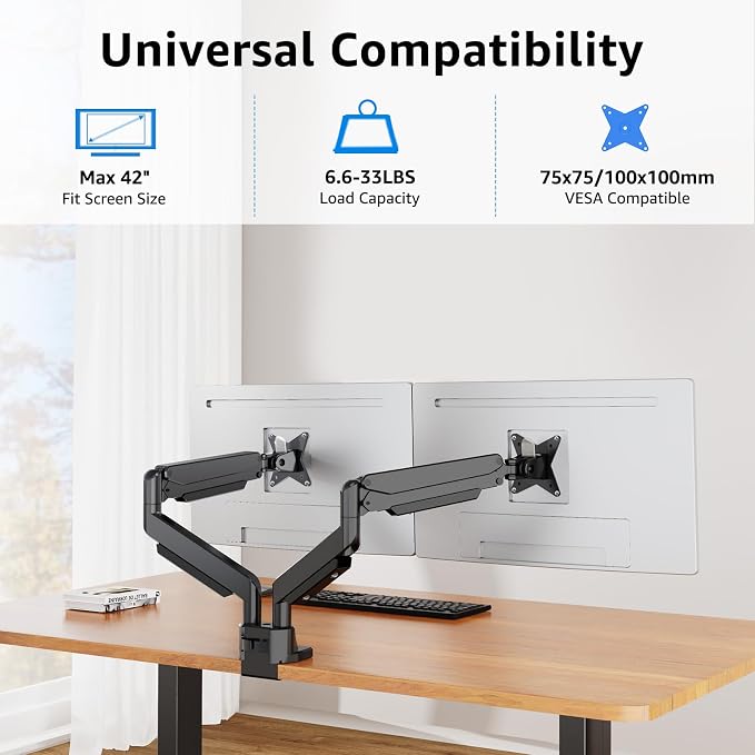 MOUNTUP Dual Monitor Mount fits 42 40 39 37 34 32 27 inch Ultrawide Screen, Holds 6.6-33lbs, Dual Monitor Arm Desk Mount, Heavy Duty Monitor Stand for 2 Monitors, with Clamp/Grommet Base - Image 3