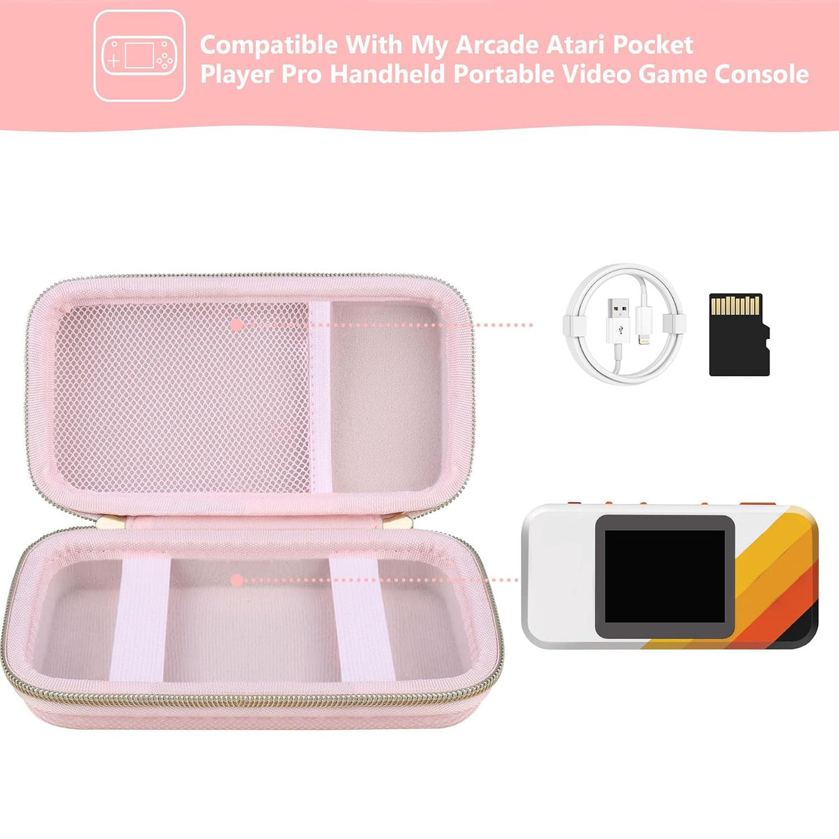 Supmay Hard Travel Case for My Arcade Atari Pocket Player Pro, Portable Video Game System Handheld Game Protection Case with Mesh Pocket for Batteries and USB-C Cable, Pink - Image 2