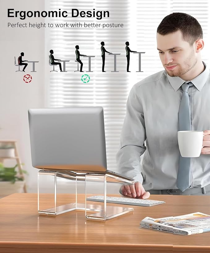 FUCDTEFC Acrylic Laptop Stand for Desk, Laptop Riser for 10-15.6 Inch Laptops, Ergonomic Computer Stand Holder Compatible with Macbooks and Notebooks- Clear | Ergonomic Computer Stand Holder, Compatible with Macbooks and Notebooks, Clear - Image 2