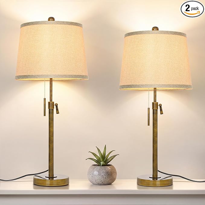 Antique Bronze Table Lamps Set of 2 Adjustable Height 22" to 30"Tall 3 Brightness Way Bedside Nightstand with Pull Chain Switch Pole Lights for Living Room Guest Bedroom End Table(Bulbs Included) by JUNNAI