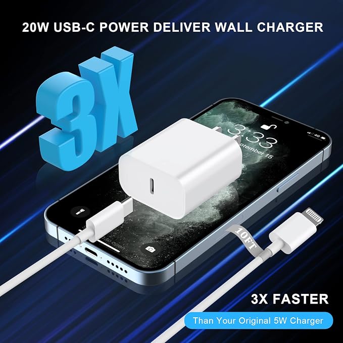 iPhone 14 13 Charger Fast Charging 10 FT, 20W USB C Charger Block & Cable | [Apple MFi Certified] 20W Type C Wall Charger & 10FT Long USB C to Lightning Cable for iPhone 14 13 12 11 Pro Max XS XR X 8 7 - Image 3