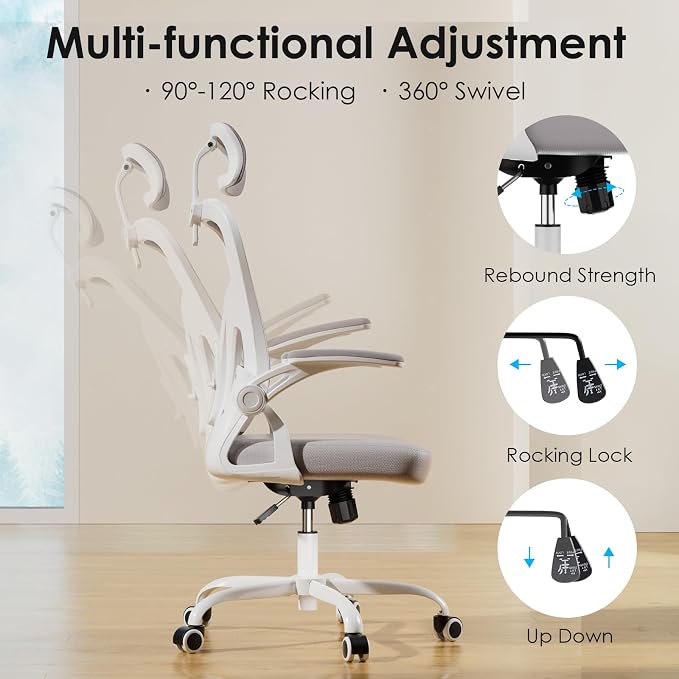 Farini Ergonomic Office Chairs with Headrest, Set of 4, White & Grey | High Back Swivel Computer Chair, Adjustable Armrests and Lumbar Support,Desk Chair for Home Office Bedroom - Image 5