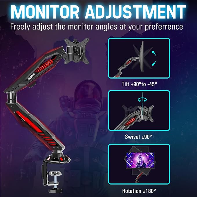 MOUNT PRO Single Gaming Monitor Stand - Mechanical Spring Display Mount, Adjustable Gaming Monitor Arm with C Clamp and Grommet Mounting Base - Fits for Computer Screen up to 32”, VESA 75x75, 100x100 - Image 5
