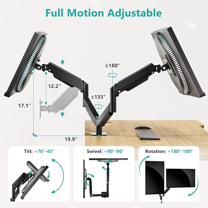 WALI Adjustable Dual Monitor Arm for 13-27 inch Screens, 19.8 lbs per Arm | Dual Monitor Desk Mount, Full Motion with Tilt, Swivel, Rotation, C-Clamp & Grommet Base, VESA 75/100mm (GSMP002), Black - Image 3