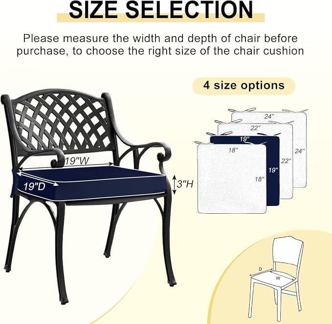 downluxe Waterproof Outdoor Chair Cushions Set of 2, 19" x 19" x 3" Patio Chair Cushion with Non-Slip Ties & Handle, Square Outdoor Cushion for Patio Furniture with Removable Cover, Navy/White - Image 6