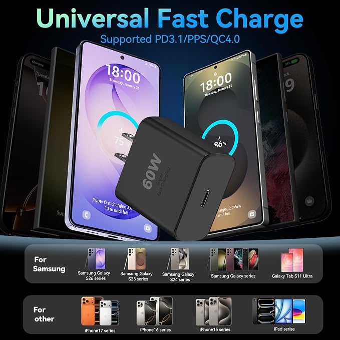 60W USB C Super Fast Charger Type C Android Phone Charger Fast Charging Block with 12ft USB-C to USB-C Cord Compatible with Samsung Galaxy S26 Ultra/S26/S26+/S25/S25 Ultra/S25+/S24, MacBook, iPad - Image 6