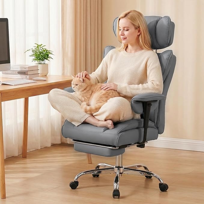 DUMOS Big and Tall Home Office Desk Chair, Executive Chair with Footrest | PU Leather, Ergonomic Comfy Lumbar Support, High Back Reclining, Adjustable Armrests, Grey - Image 8