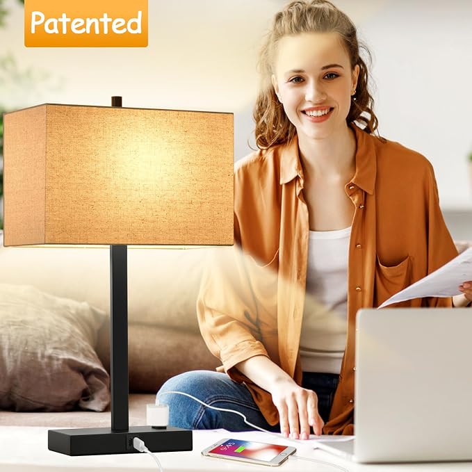 21" Touch Bedside lamps with 2 USB & AC Outlets, 3-Way Dimmable Bedside Table Lamps Set of 2 for Bedroom Living Room Office Reading, Beige Linen Shade Lamps for Night Stands, 2700K LED Bulbs Included - Image 8